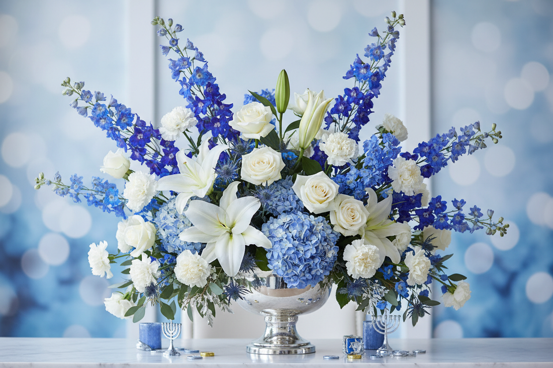 Blossoms of Light: Elevate Your Hanukkah with Stunning Blue & White Floral Elegance