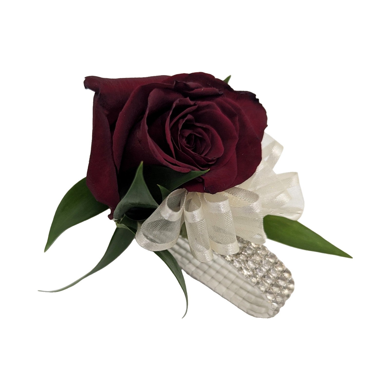 Burgundy rose corsage with ivory ribbon and rhinestone bracelet, side view
