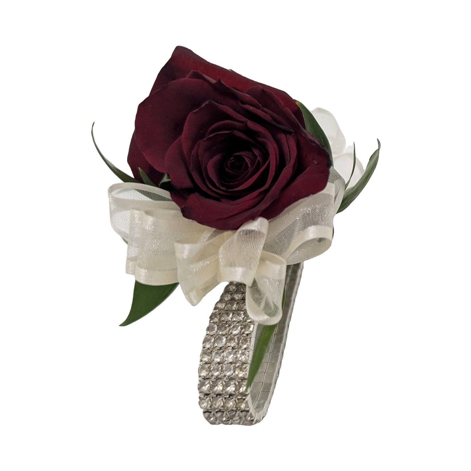 Burgundy rose wrist corsage on a silver rhinestone bracelet with ivory ribbon