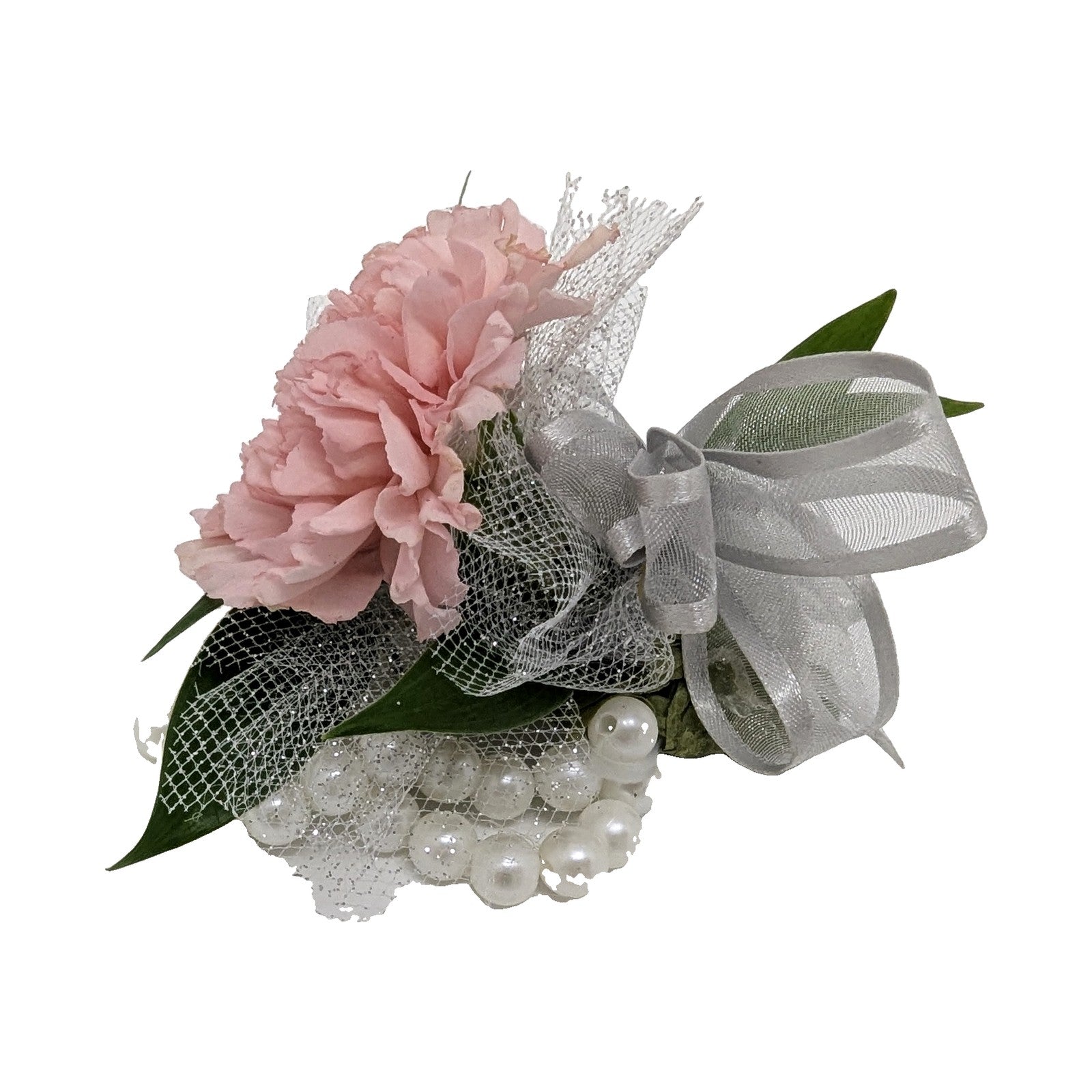 Pink carnation wrist corsage on a white pearl bracelet with silver ribbon and glitter tulle, made in Temecula
