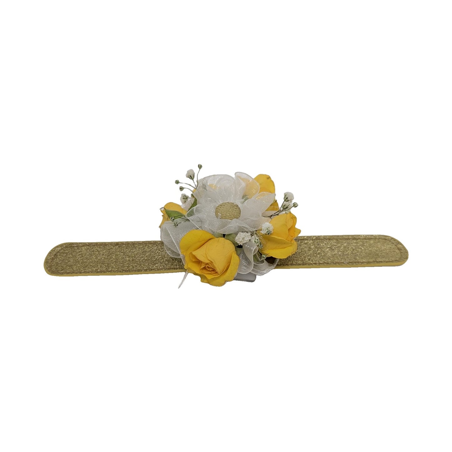 Yellow rose corsage shown on the full gold glitter slap bracelet band